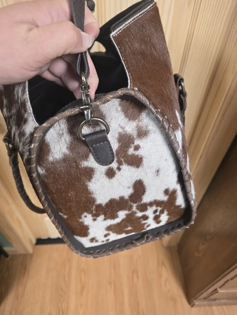 Brown and White Cowhide Dome Satchel - Women's Shoulder Bag